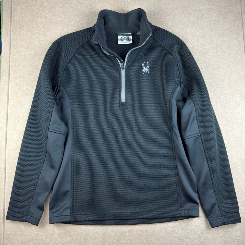 Spyder Pullover Men M‎ Black Gray 1/4 Zip Waffle Knit Fleece Lined Ski Outdoor